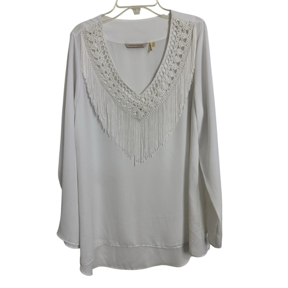 Soft Surroundings White Fringe Western Long Sleeve Top M Cowgirl Festival Boho